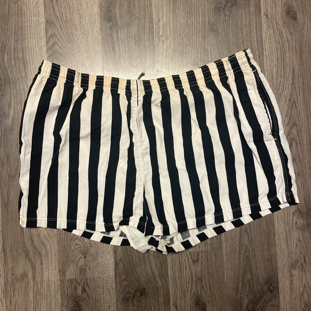 Vtg 80s Occhi Mare Striped Cotton Swim Trunks Shorts Mens L Lined Black White